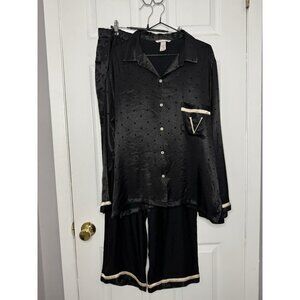 Victoria's Secret Women's Size XL Satin Silky Black Dots Pajama Set Pink Accent